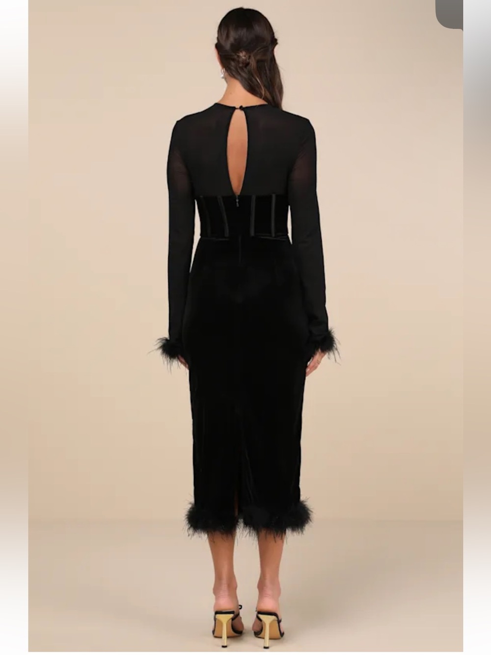 NWT Lulus Sensational Situation Black Velvet Feather Bustier Midi Dress - Picture 3 of 4